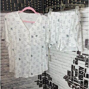 Ed by Ellen Degeneres L White Dog Print Baseball Style Top Shortie Pajama Set